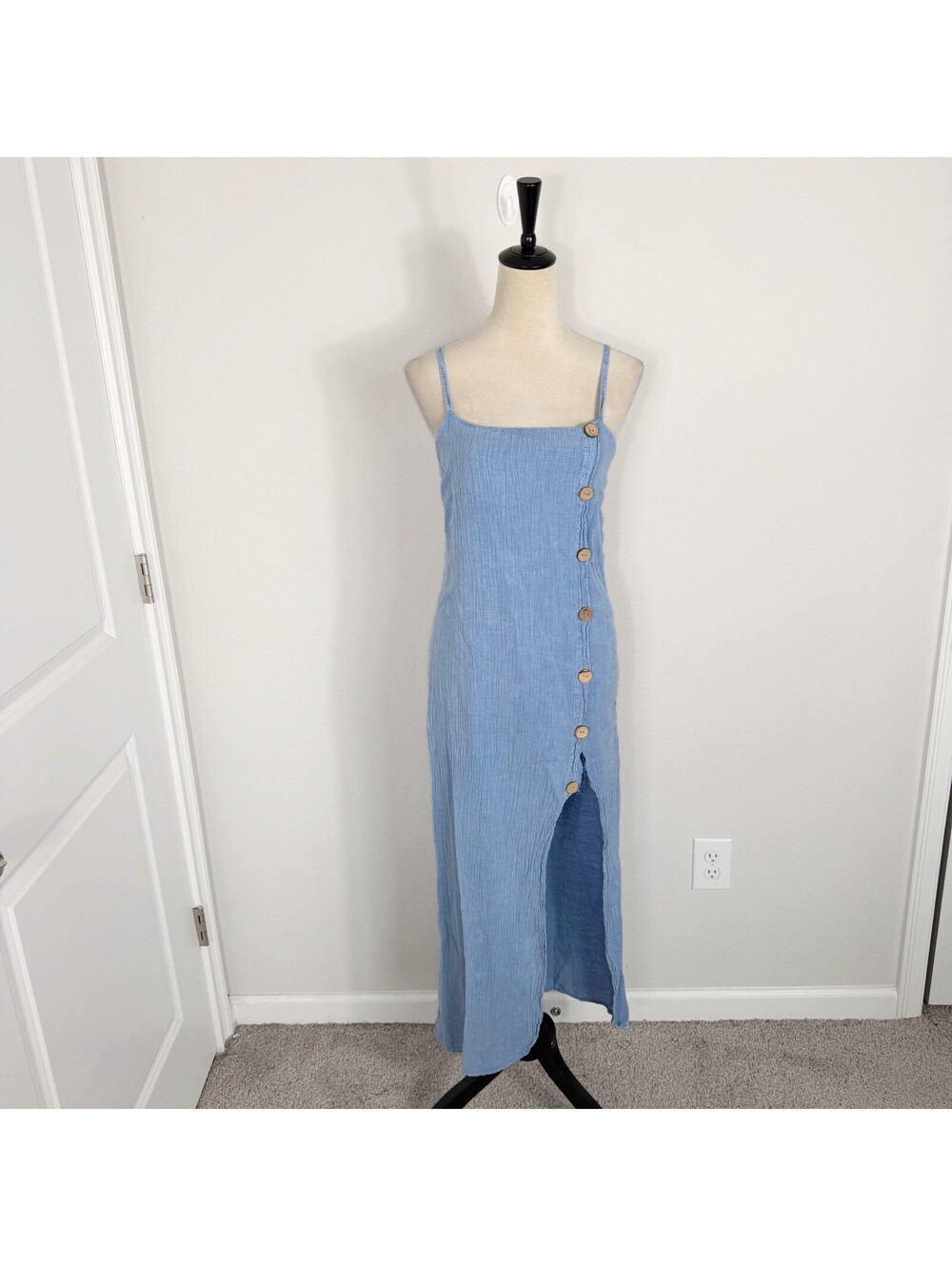 Blanco By Nature Blue Cotton Gauze Midi Maxi Dress Womens Medium Boho Buttons